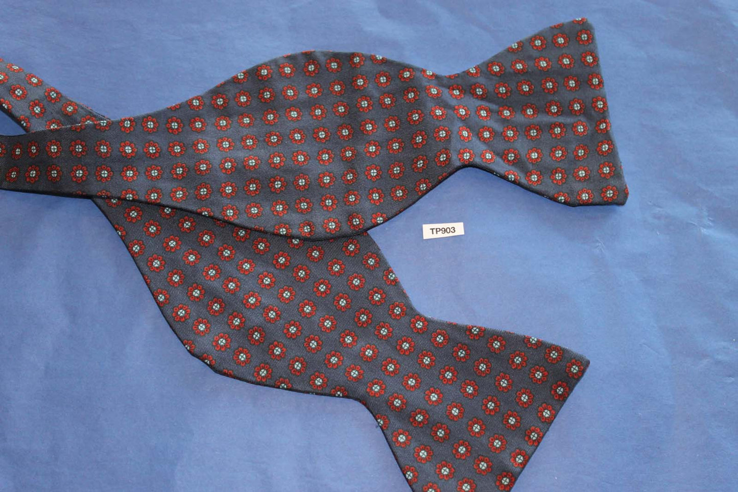 Vintage Hand Block English All Silk Self Tie Straight End Thistle Bow Tie Navy Burgundy Adjustable