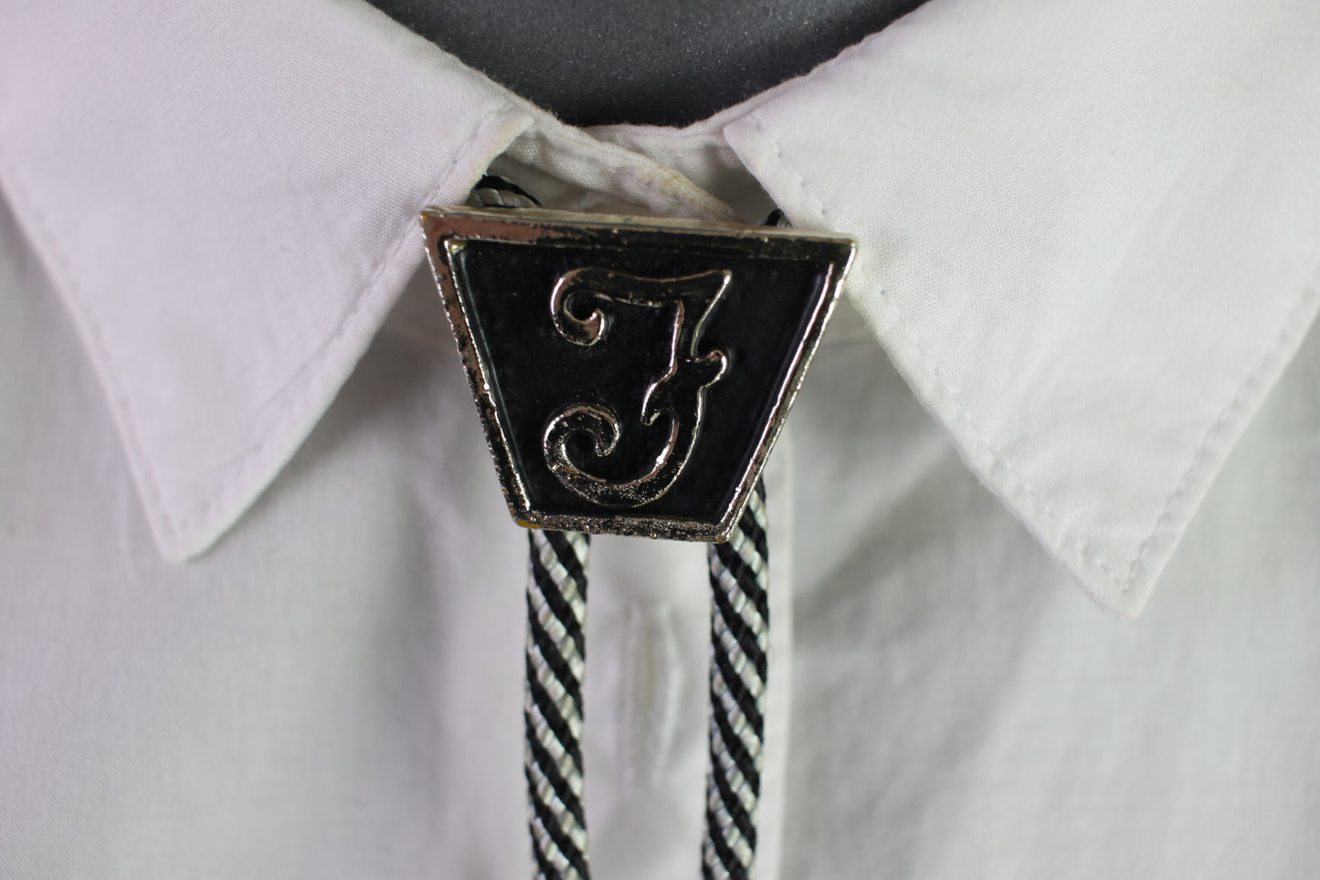 Vintage Enamelled F Bolo Black White Striped Western Cowboy Kentucky String Tie