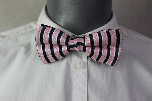 Vintage pre-tied pink black striped pattern bow tie adjustable