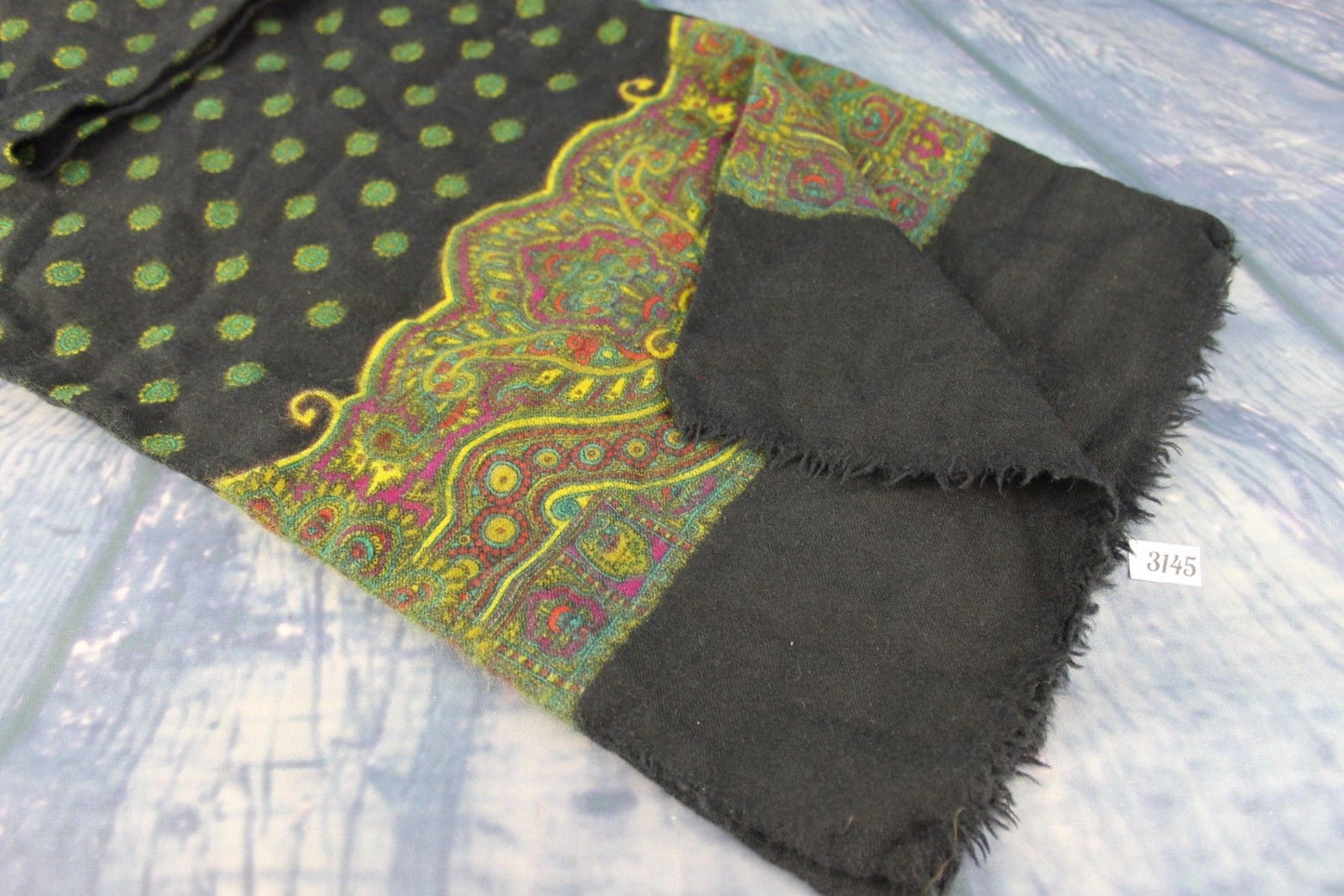 Vintage Hand Blocked Print Pure Wool Black Green Gold Scarf