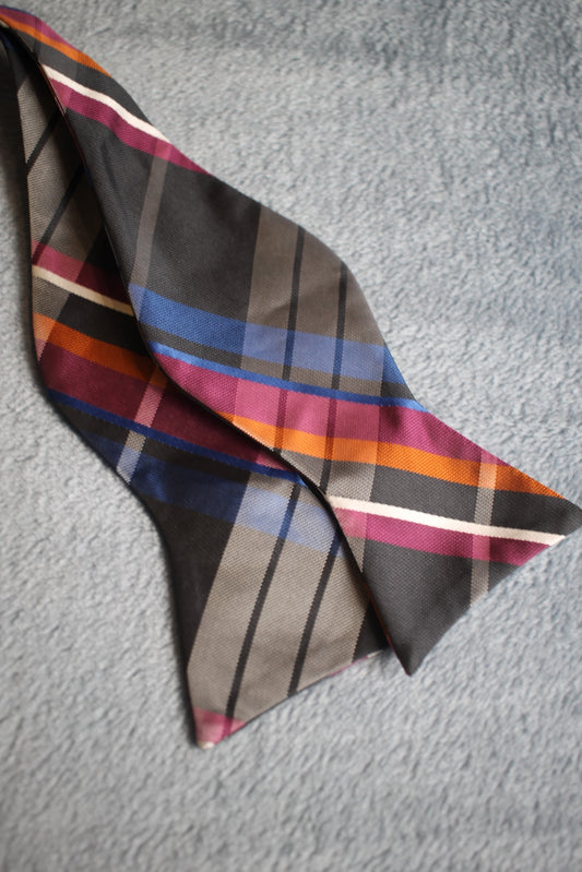 Vintage self tie thistle end grey pink orange blue tartan pattern bow tie adjustable
