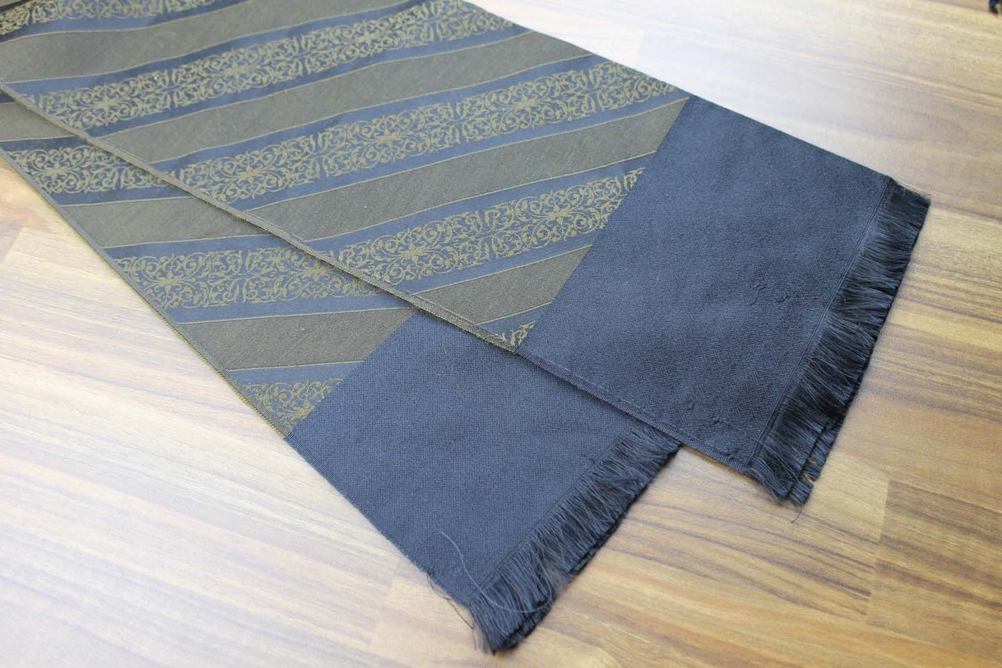 Vintage mens Trevira Olive Black Striped Fleur De Lys Fringed Scarf Retro Mod