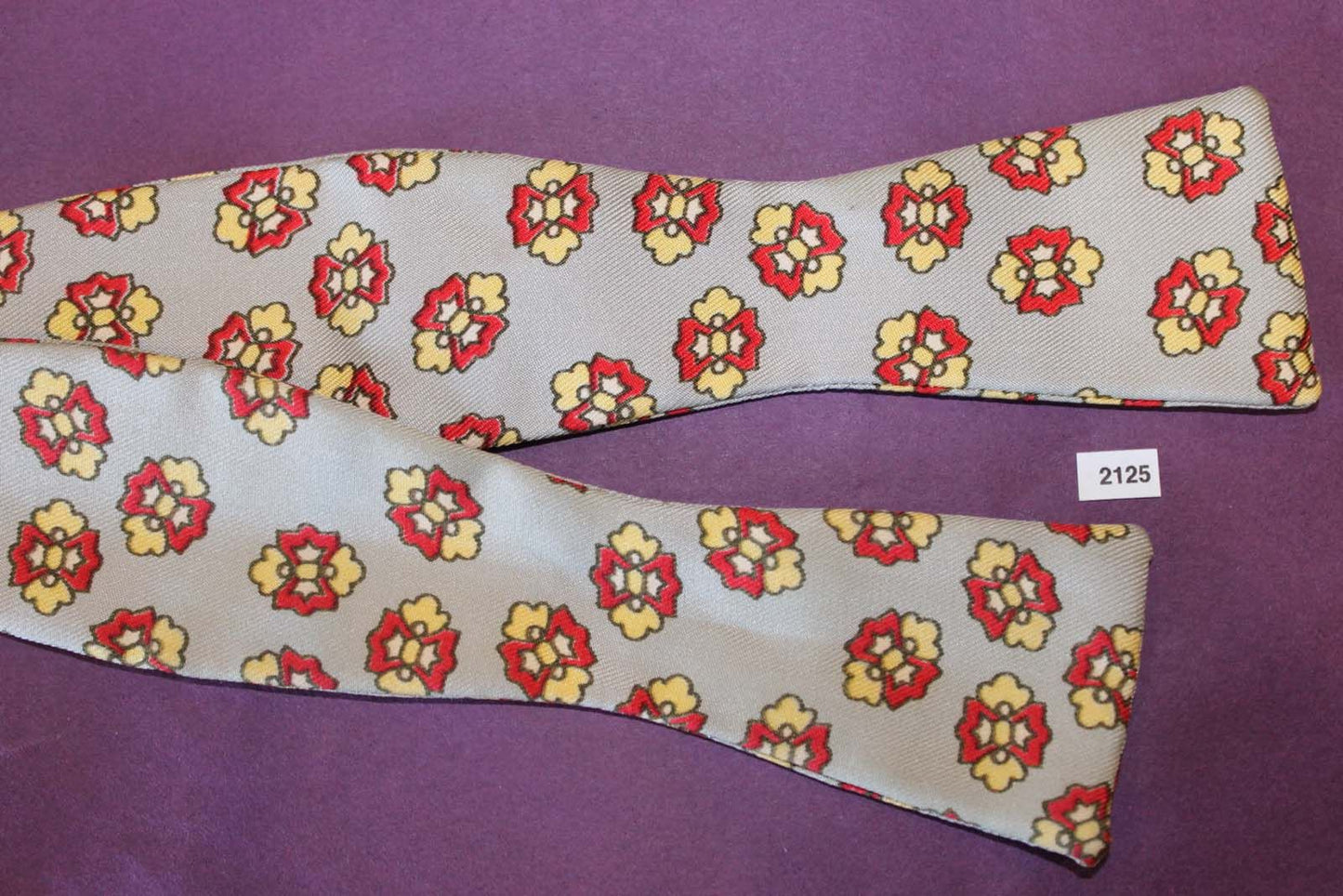 Vintage Sherman 100% Silk Self Tie Straight End Bow Tie Grey Red Yellow