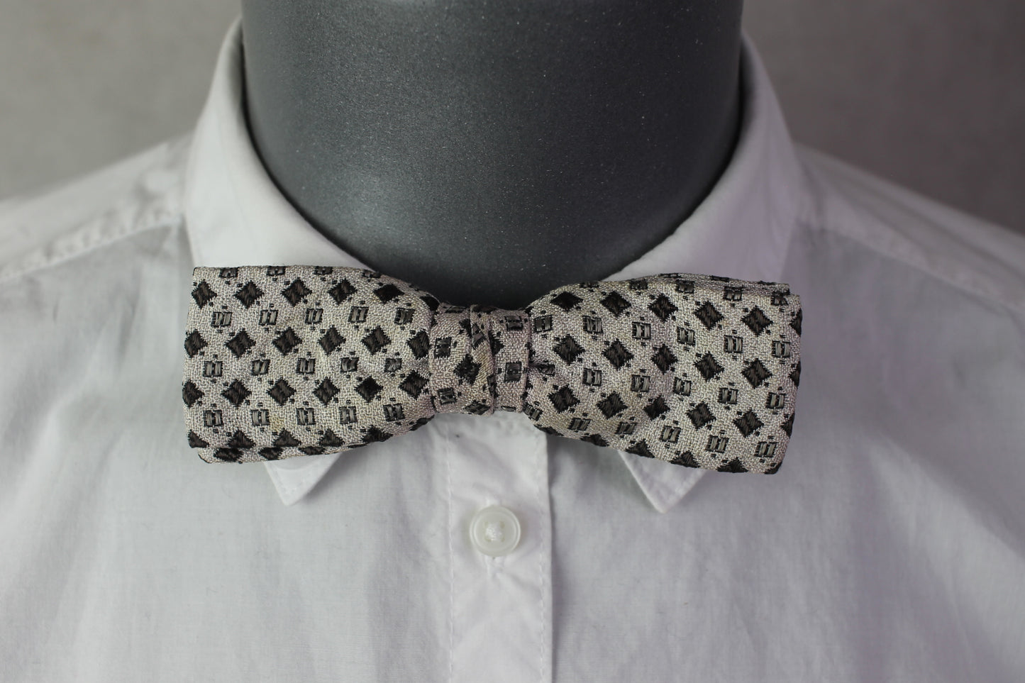 Vintage pre-tied clip on silver brown squares pattern bow tie