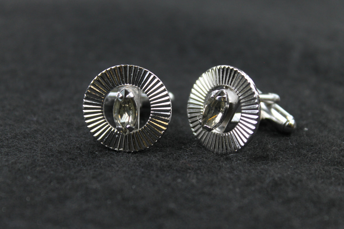 Vintage Smokey Oval Diamante Round Ridged Cufflinks