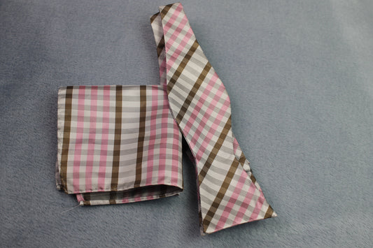 Vintage The Ellis Tie Company self tie thistle end 100% silk pink brown check bow tie and handkerchief set adjustable