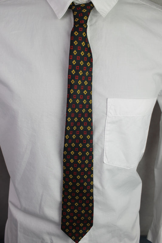 Vintage 1940s/50s all silk black red gold squares pattern tie