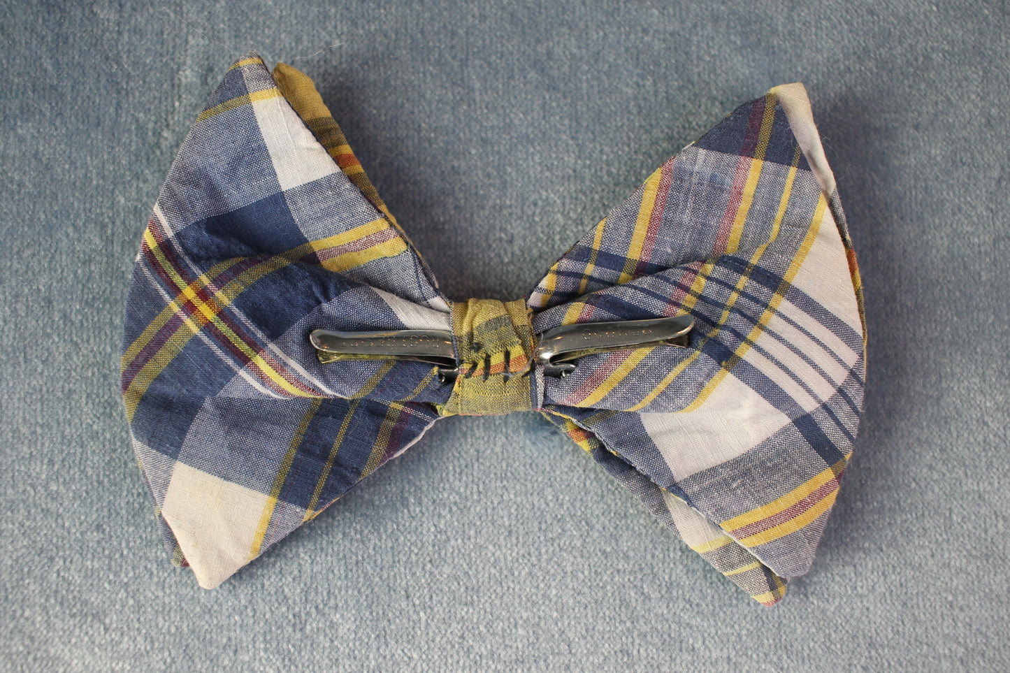 Vintage pre-tied clip on yellow blue tartan pattern bow tie