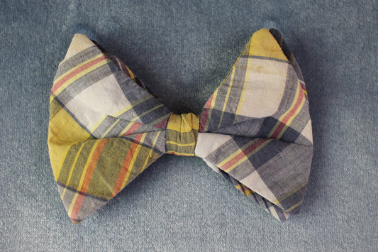 Vintage pre-tied clip on yellow blue tartan pattern bow tie