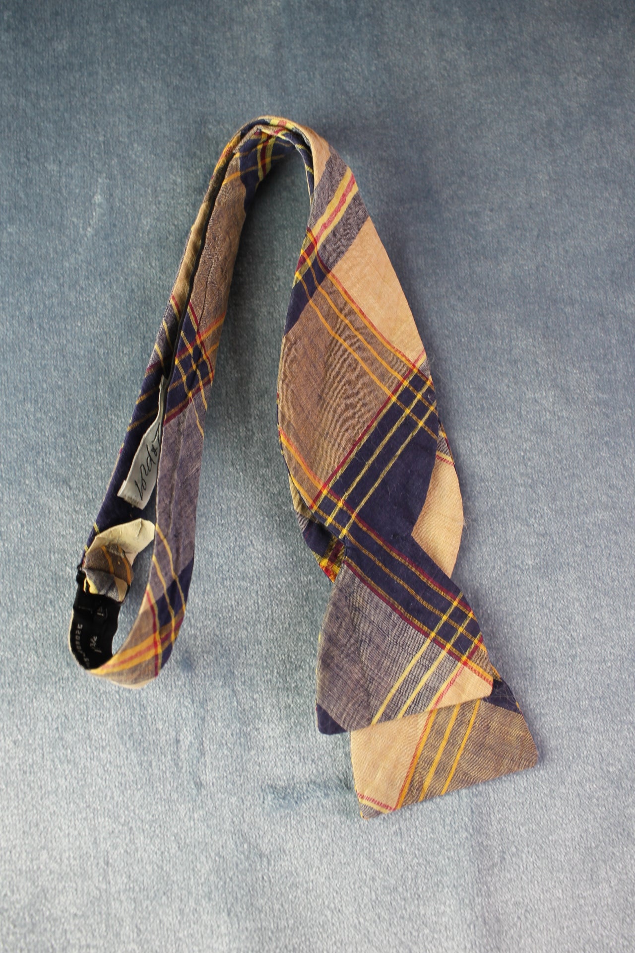 Vintage Lord & Taylor self tie thistle end beige blue yellow check bow tie adjustable