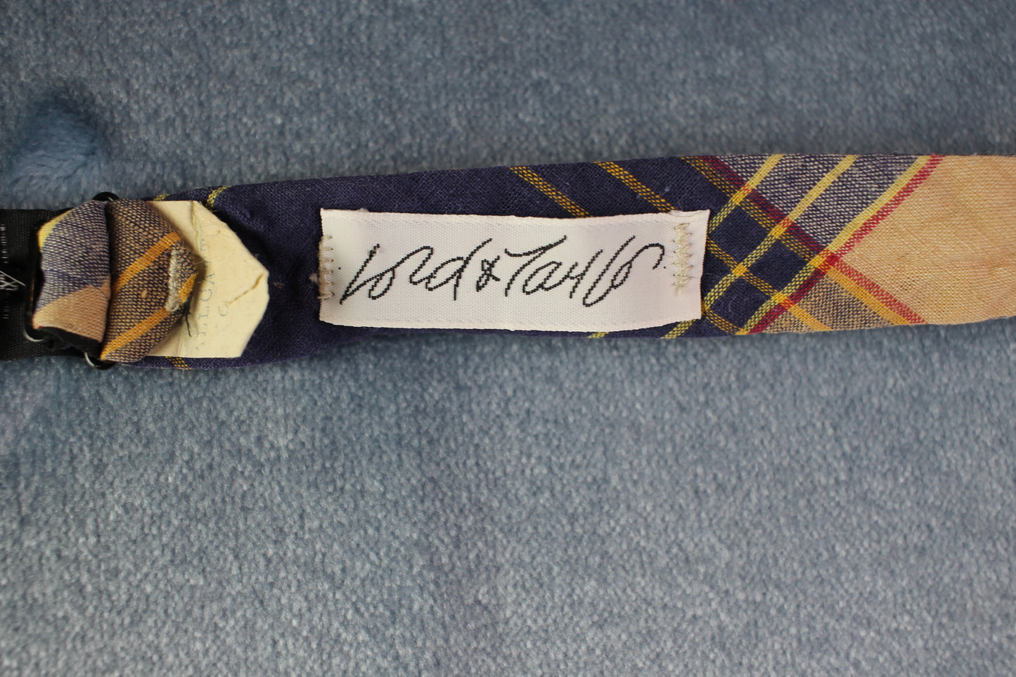 Vintage Lord & Taylor self tie thistle end beige blue yellow check bow tie adjustable