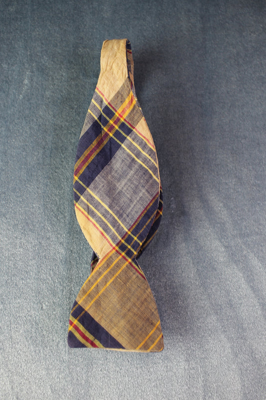 Vintage Lord & Taylor self tie thistle end beige blue yellow check bow tie adjustable