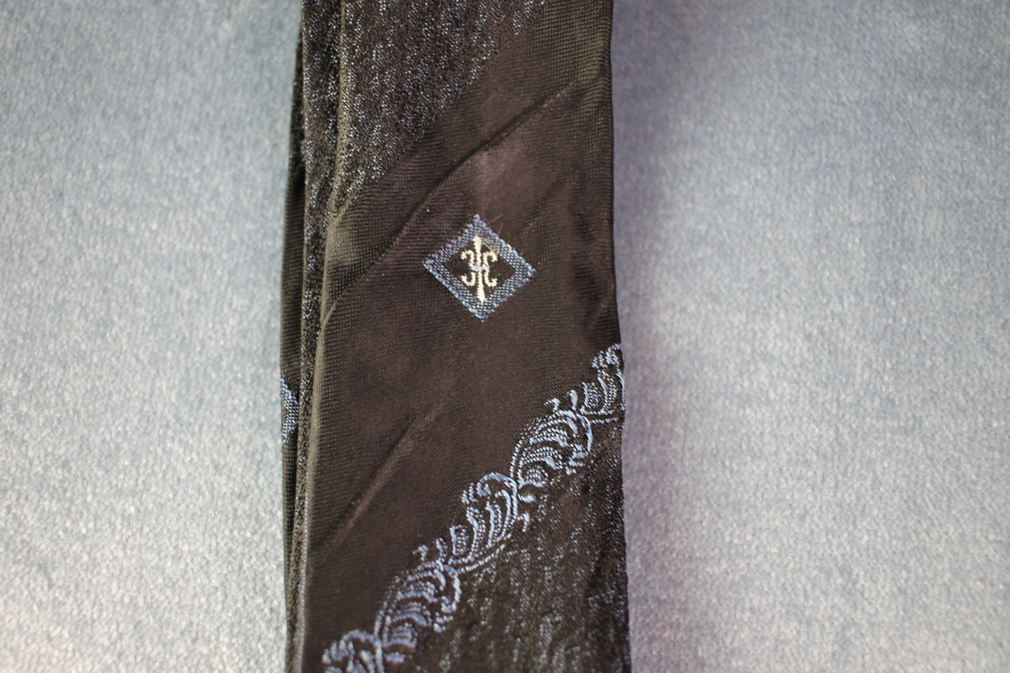 Vintage black silver blue flecked motif pattern skinny tie