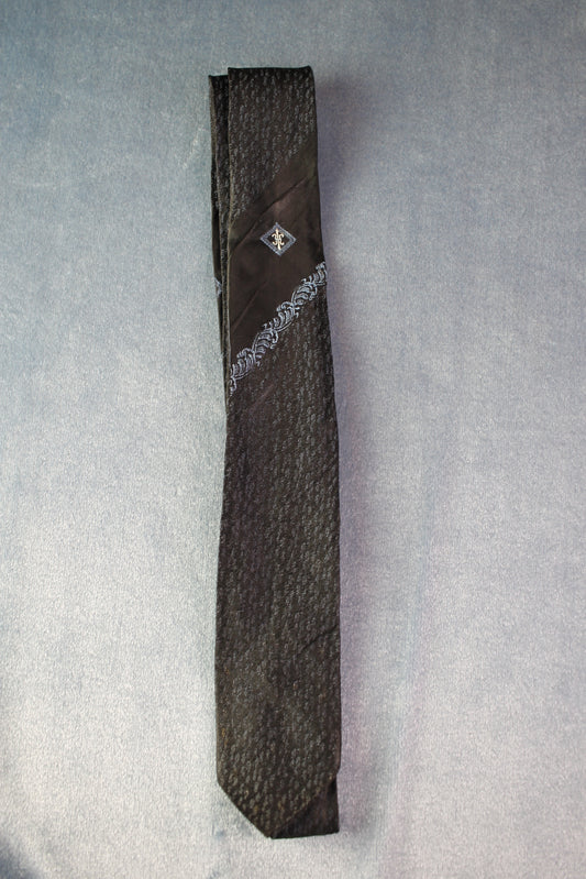 Vintage black silver blue flecked motif pattern skinny tie