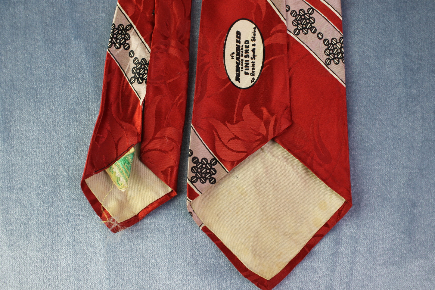 Vintage hand printed dark red white grey pattern skinny tie