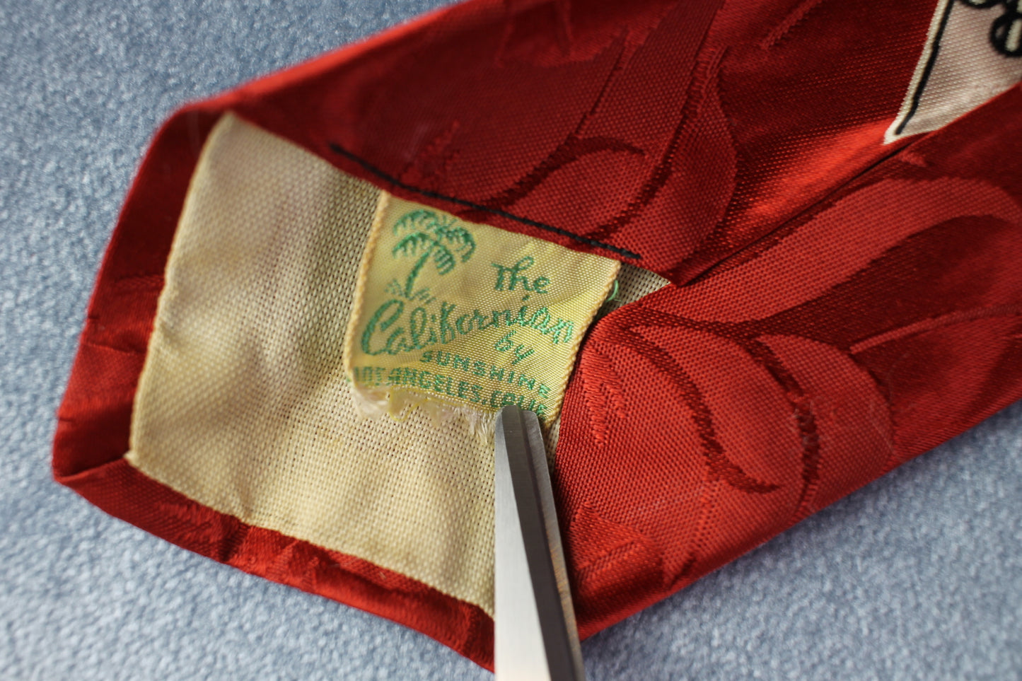 Vintage hand printed dark red white grey pattern skinny tie