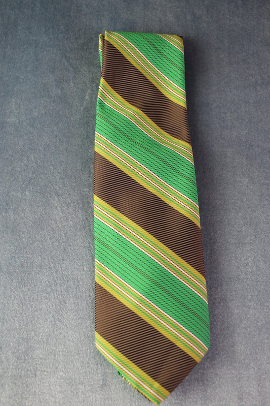 Vintage 1970s green brown white striped pattern kipper tie