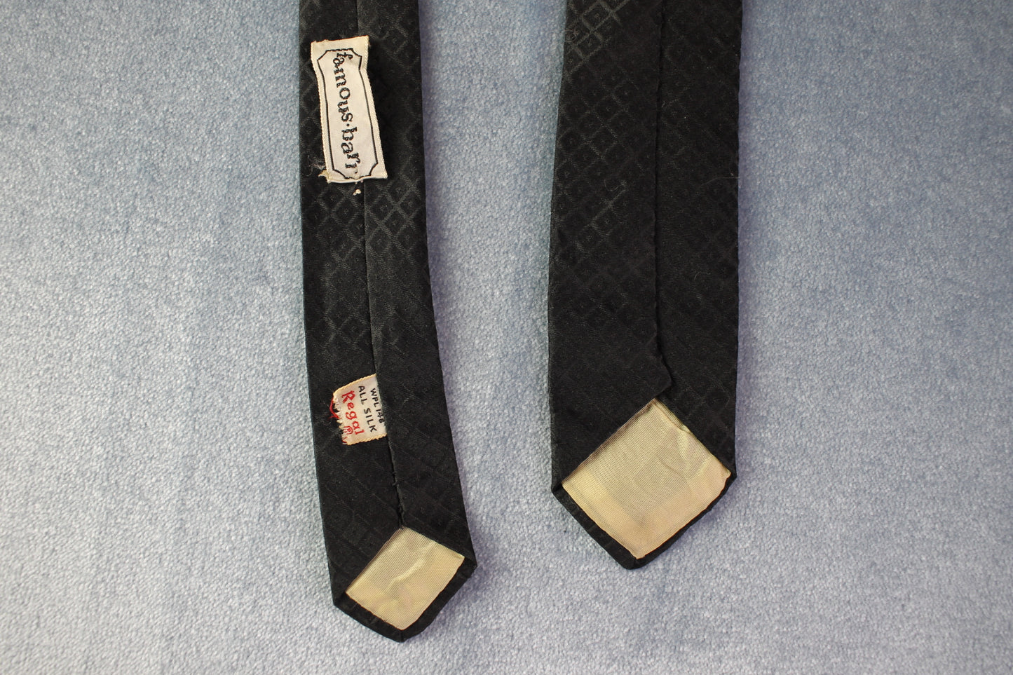 Vintage Famous Barr all silk black square pattern skinny tie
