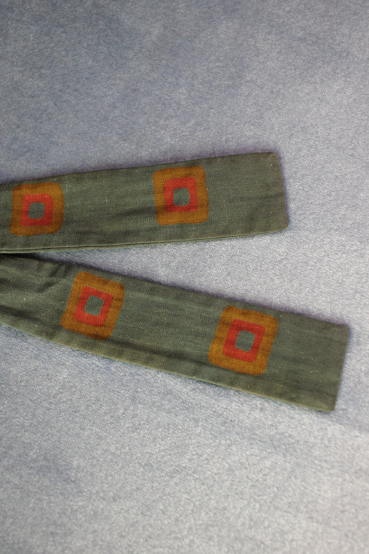 Vintage Rooster self tie paddle end dark green gold orange squares pattern bow tie adjustable