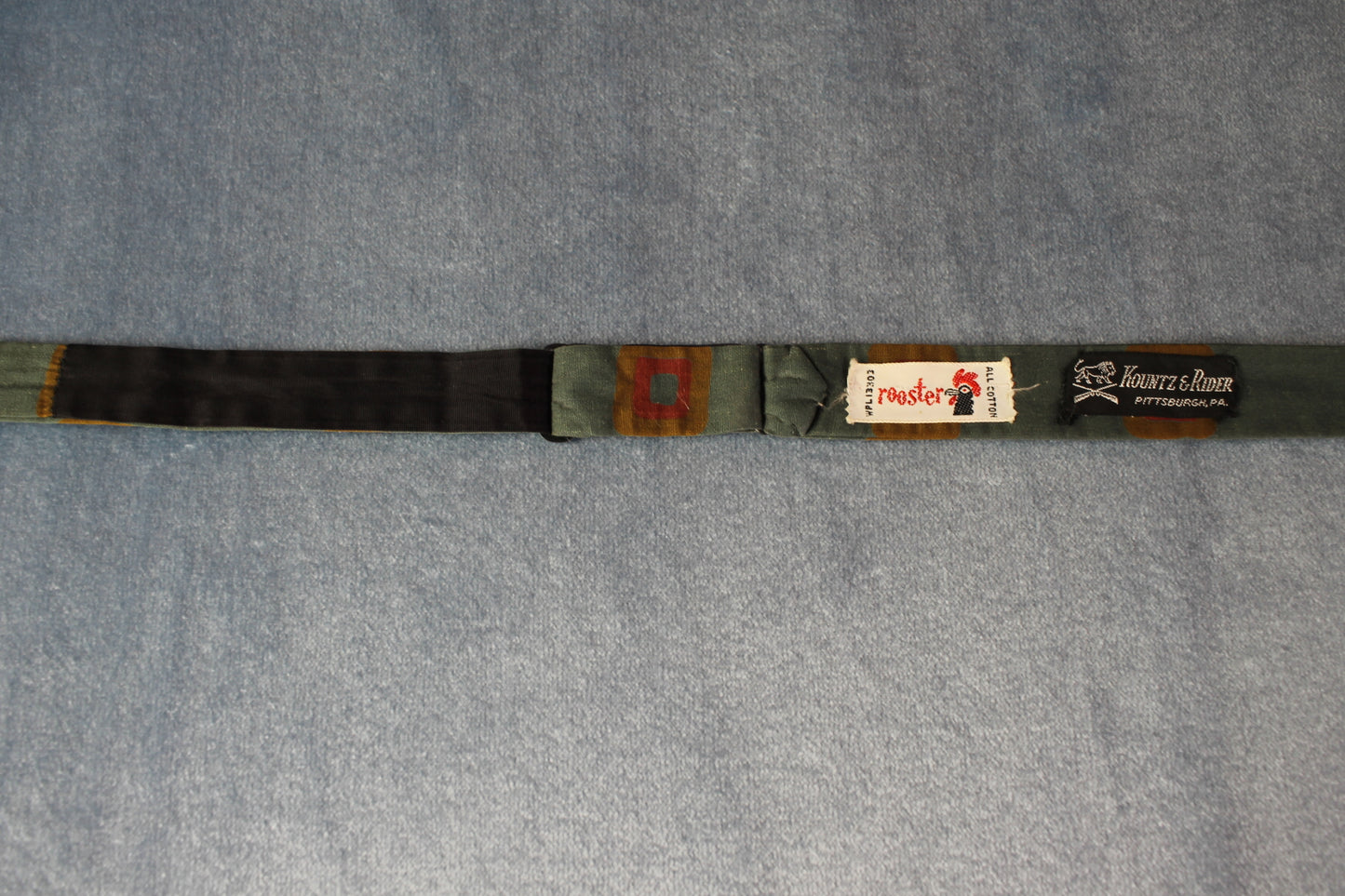 Vintage Rooster self tie paddle end dark green gold orange squares pattern bow tie adjustable
