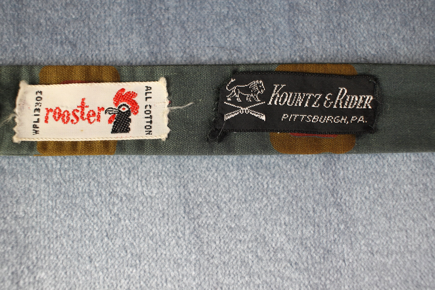 Vintage Rooster self tie paddle end dark green gold orange squares pattern bow tie adjustable