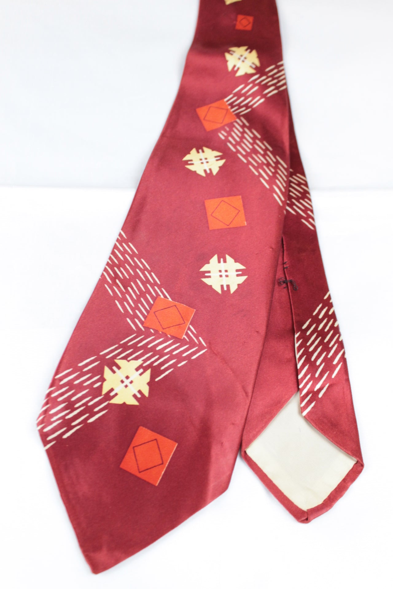 Vintage 1960s Crimson Red Cream Pattern Satin Swing Tie