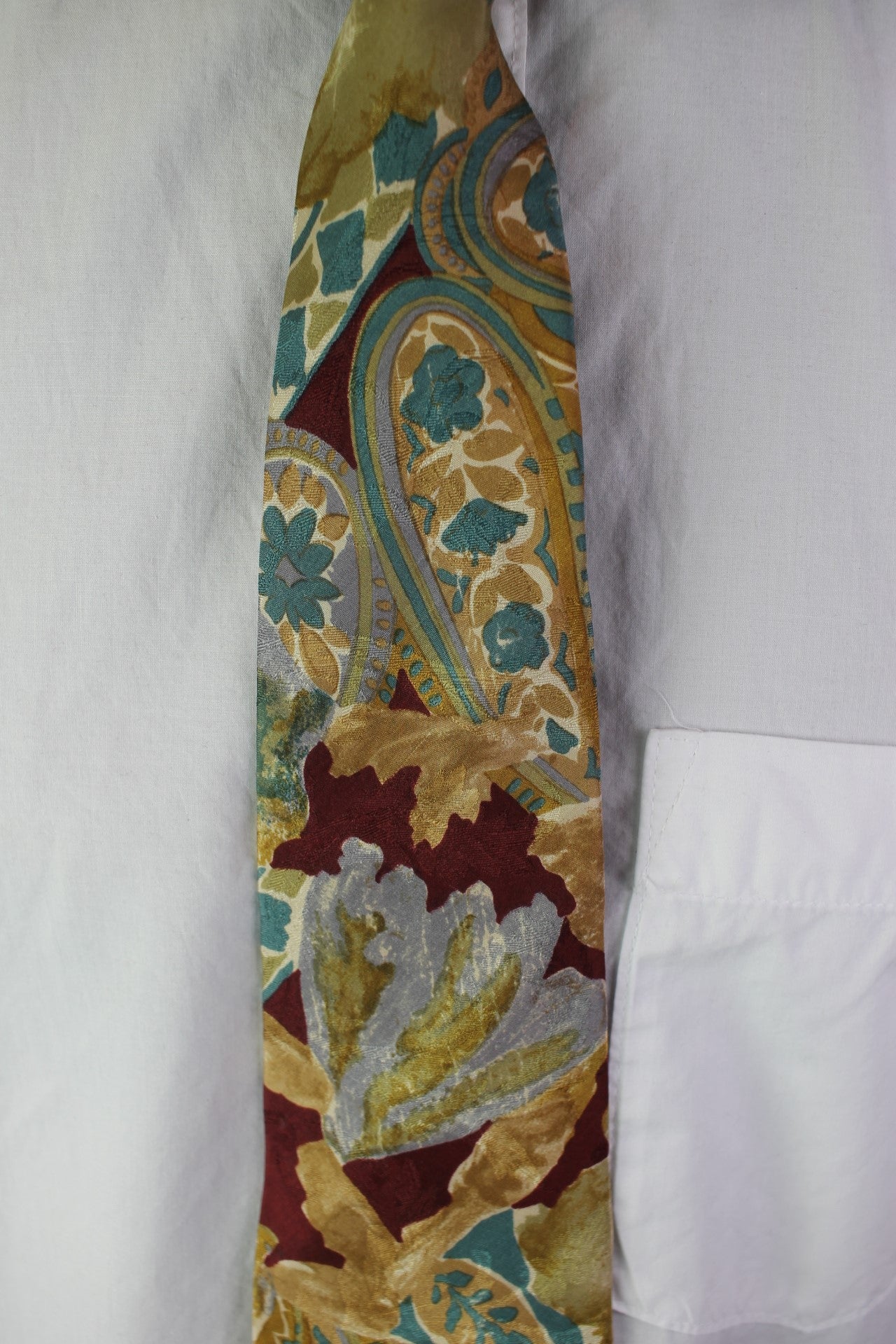 Vintage Harvé Benard pure silk gold silver burgundy foliage tie