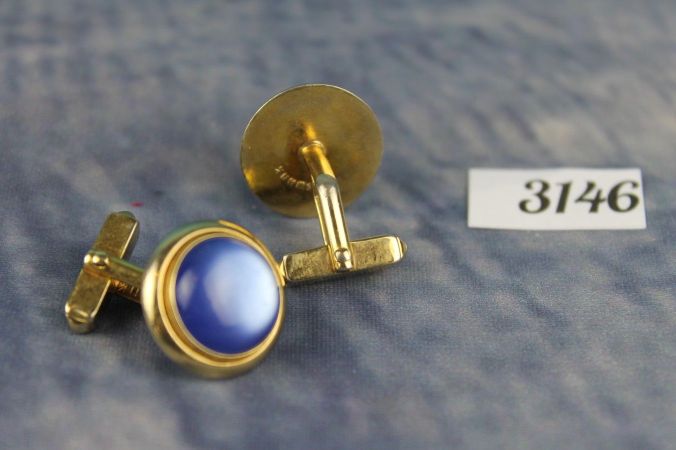 Vintage Swank Gold Metal Pearly Blue Lucite Cabochon Cufflinks