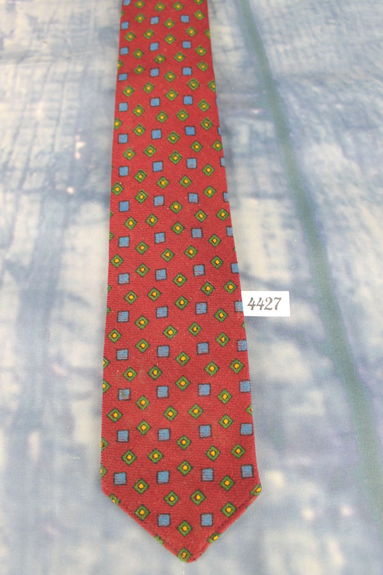 Vintage Made In England For Bambergers New Jersey Burgundy Green Blue All Wool Skinny Tie 1950s