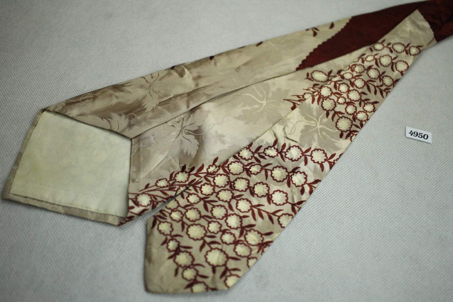 Vintage Burgundy Taupe Blossom Print Jacquard Vintage Swing Tie 1940s/50s