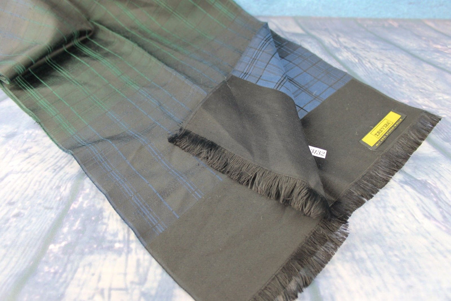 Vintage Trevira 35% Wool Black Blue Green Sheen Squares Pattern Scarf