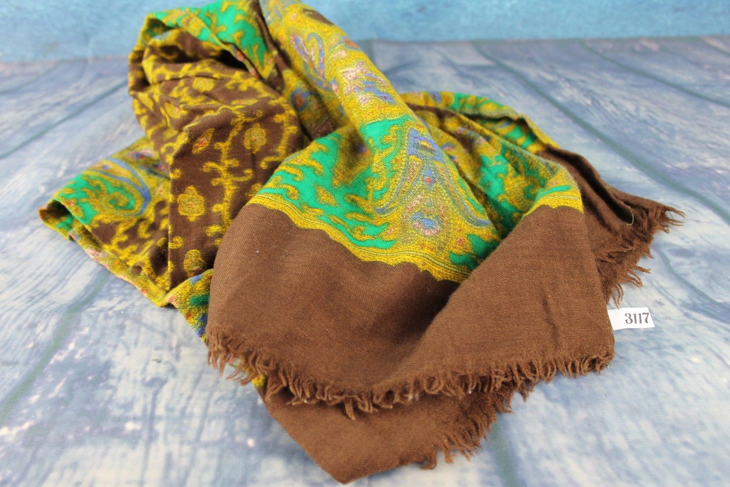 Vintage Hand Blocked Print Pure Wool Brown Green Gold Scarf