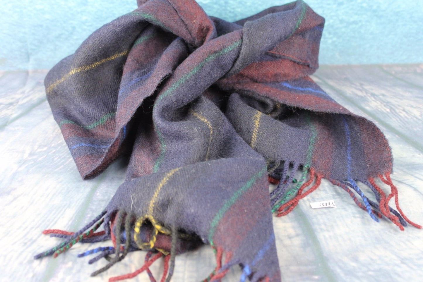 Vintage German Designer Pure Wool Striped Blue Green Gold Burgundy Scarf