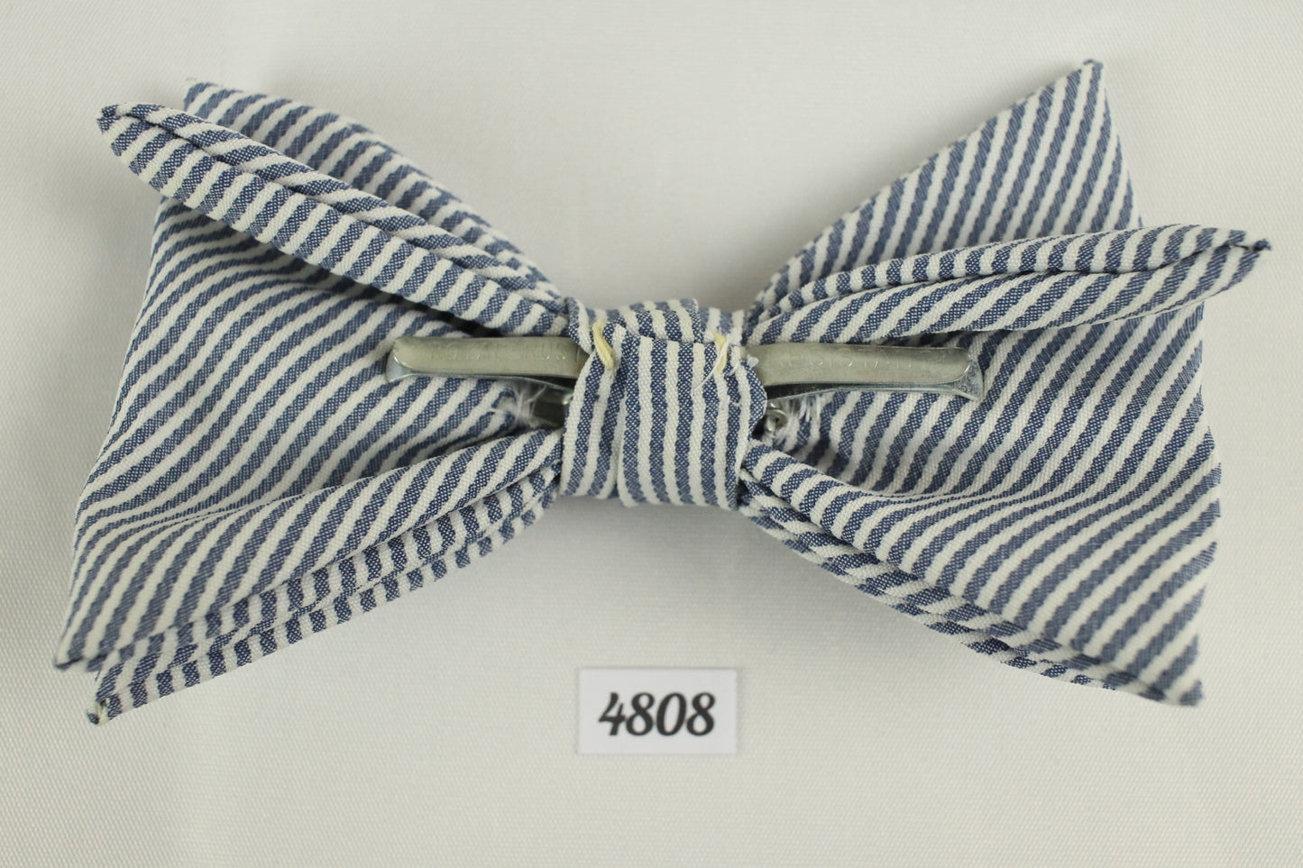 Vintage blue white pin striped clip on bow tie