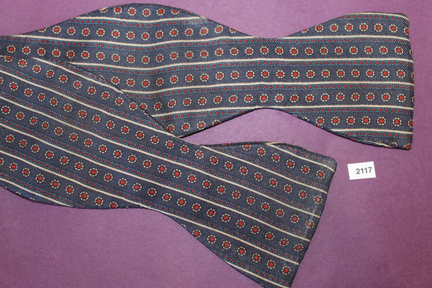 Vintage English 100% Silk Self Tie Straight End Thistle Bow Tie Navy Burgundy