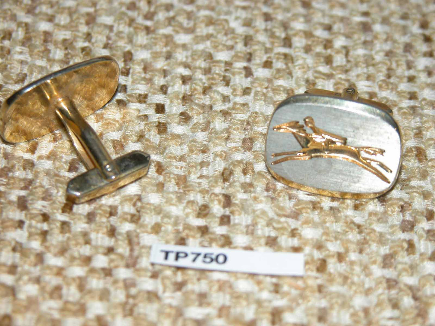 Vintage Horse Racing Brushed Silver Metal & Gold Tone Engraved Cuff Links