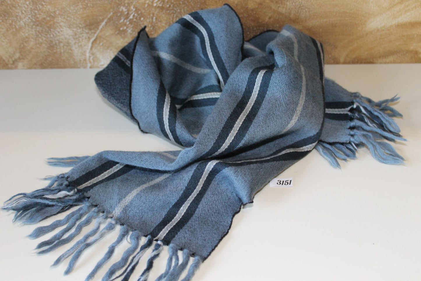 Vintage Airforce Blue Grey Striped Fringed Scarf