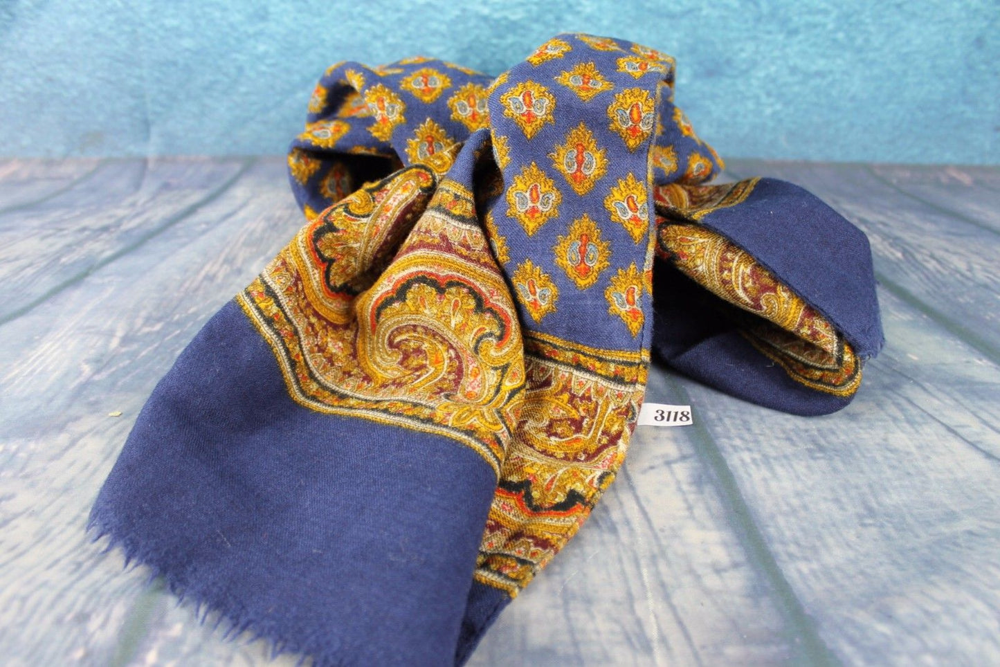 Vintage Hand Blocked Print Pure Wool Navy Red Gold Scarf