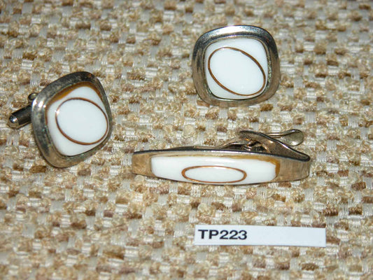 Vintage white glass gold inlay settings cuff links & tie clip set