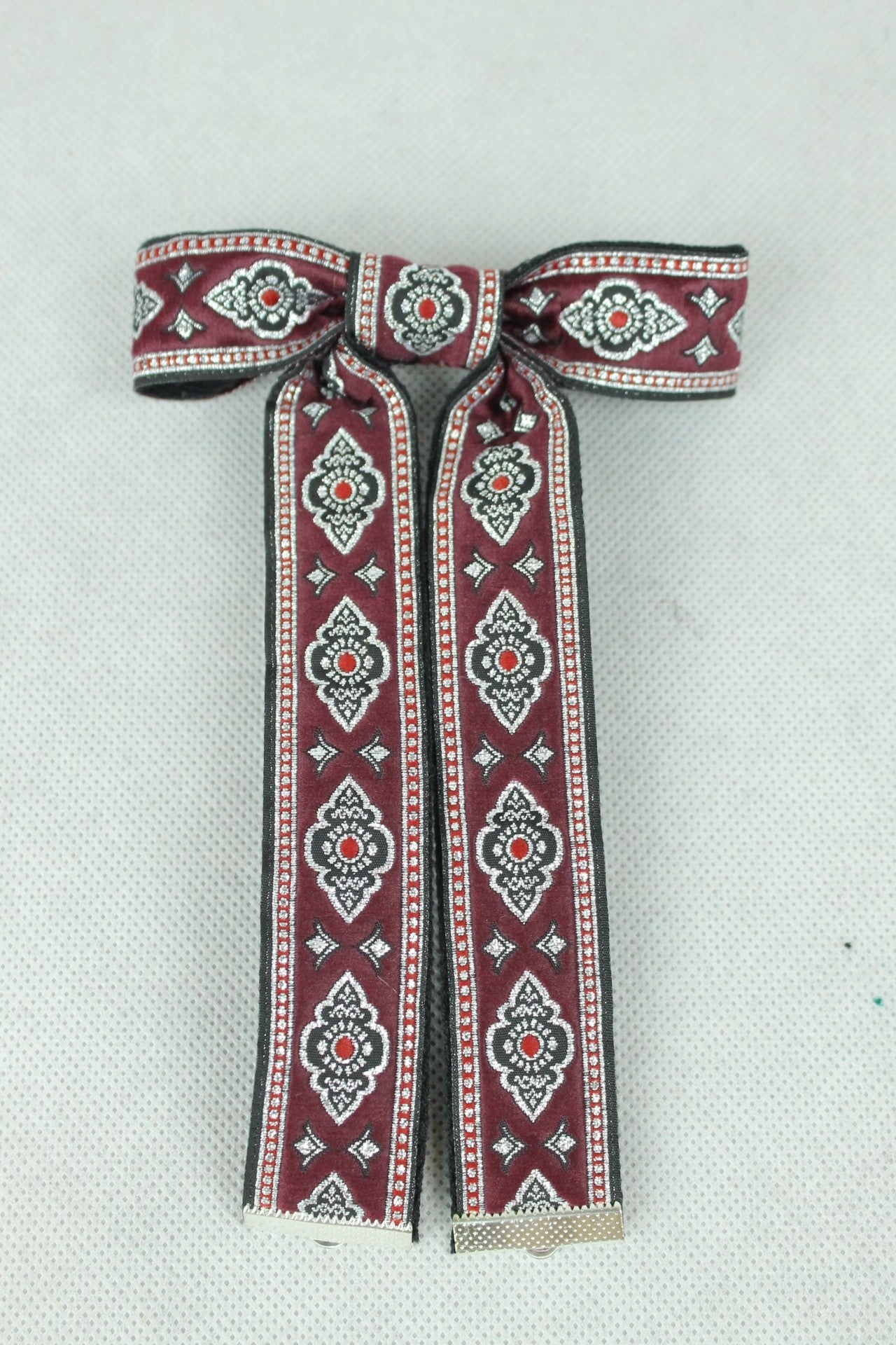 Vintage Style New Burgundy Silver Clip On Western Cowboy Kentucky Bow Tie