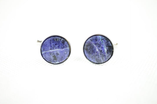 Vintage Blue Marble Silver Metal Push Through Cuff Links