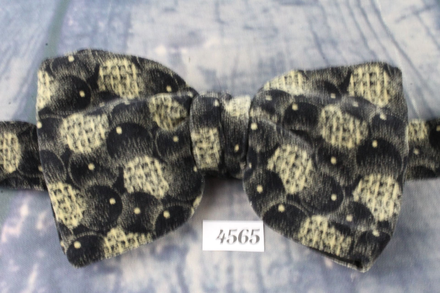 Vintage 1970s Charcoal Beige Velvet Pre-Tied Bow Tie