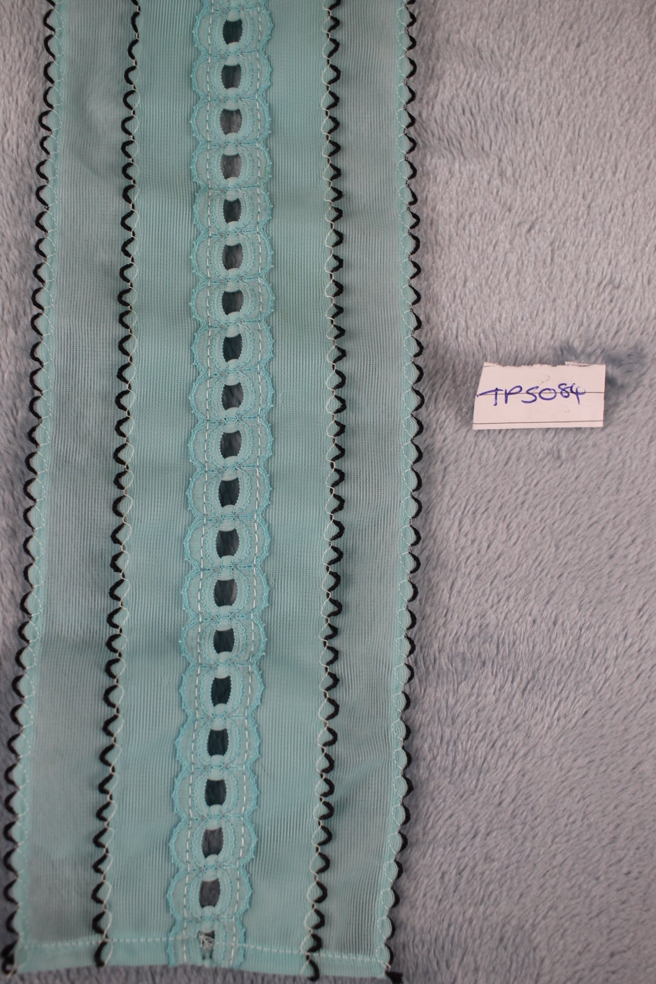 Vintage 1970s light blue black trim elastic neck tie button on shirt ruffle