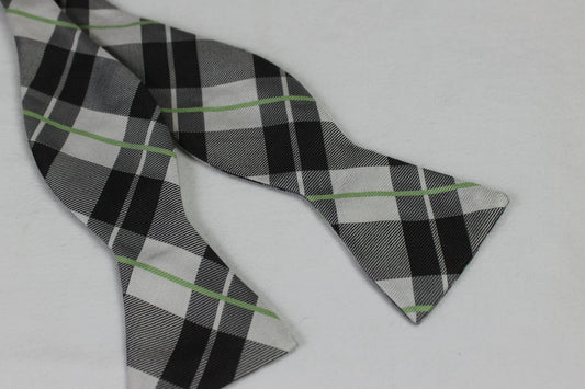 Tie Bar Grey White Lime Plaid Silk Self Tie Straight End Bow Tie