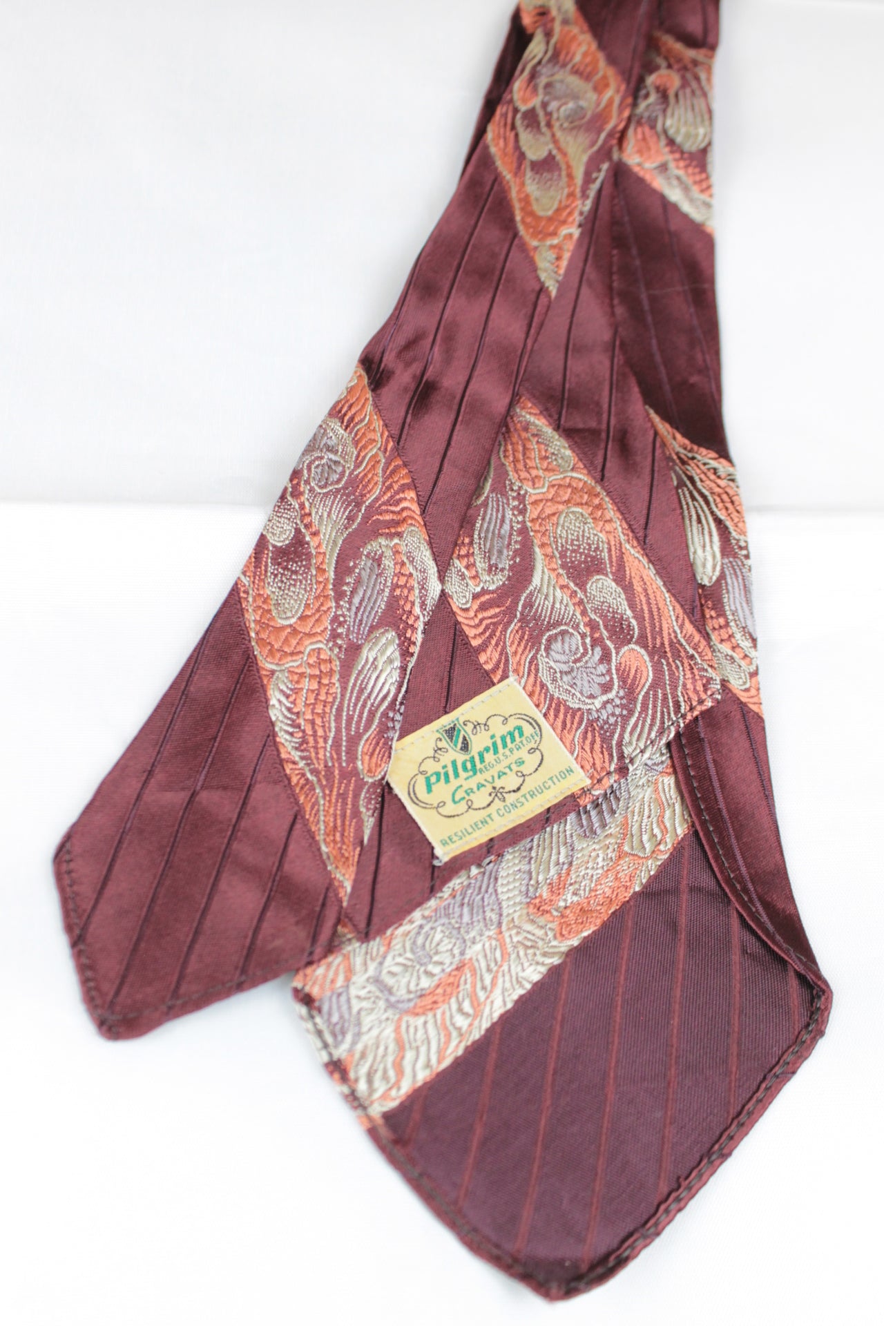 Vintage 1950s Pilgrim Cravats Brown embroidered pattern jacquard pin stripes Swing Tie