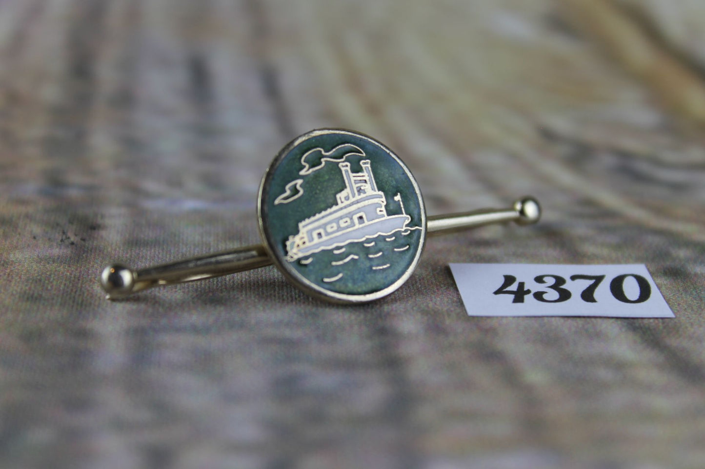 Vintage rare green enamel gold metal paddle steamer boat collar clip bar