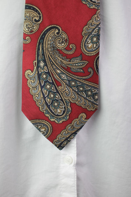 Vintage Franco Baretta 100% silk red gold green paisley pattern tie