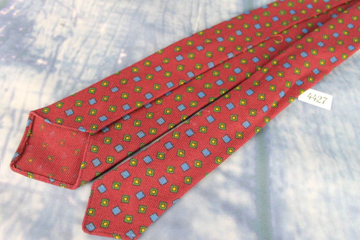 Vintage Made In England For Bambergers New Jersey Burgundy Green Blue All Wool Skinny Tie 1950s