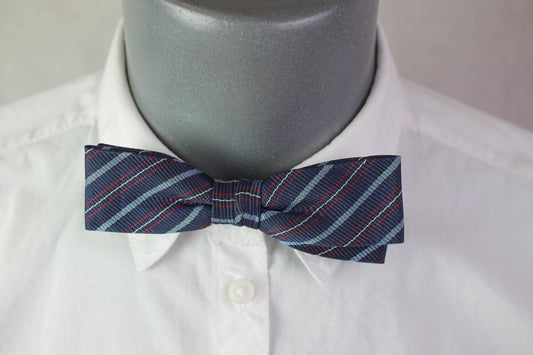 Vintage pre-tied clip on blue silver red striped pattern bow tie