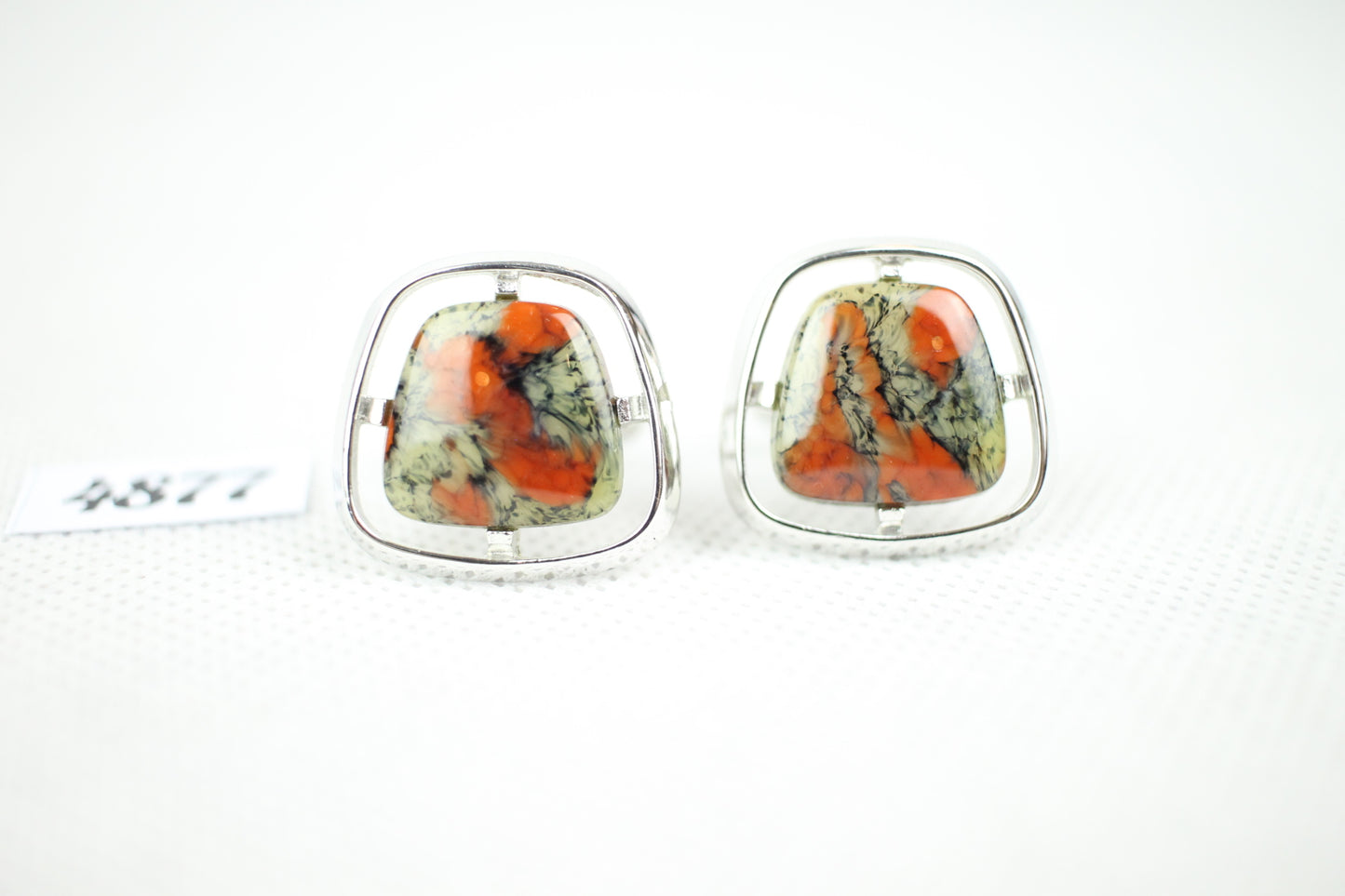 Vintage Hickok Marbled Stone Silver Metal Mount Cuff Links